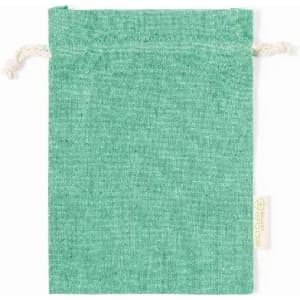 A green linen drawstring pouch with a textured fabric and a natural colour tie. It features a small tag on the side.