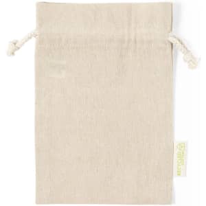 A reusable beige drawstring pouch made from recycled material, featuring a tag indicating eco-friendliness.
