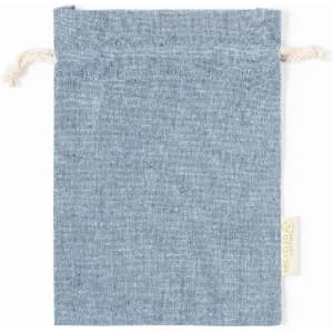 A blue drawstring pouch made from fabric, featuring a simple design and a natural twine closure.