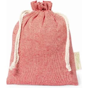 A drawstring bag made of red recycled fabric with a natural-coloured cord. It features a small tag.