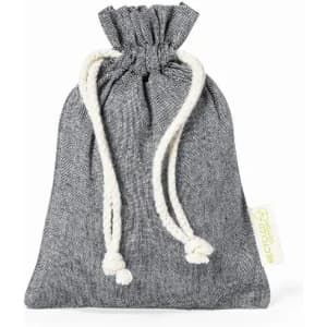 A small grey drawstring bag made from a textured fabric, featuring a natural cord closure.