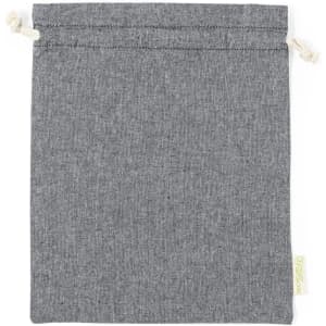A grey drawstring bag made of fabric with a simple design, featuring two ties at the top.