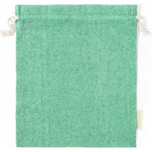 A green fabric drawstring pouch with a textured finish and two tied cords at the top.