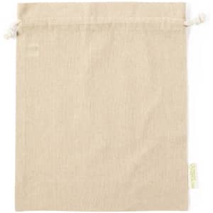 A natural beige drawstring bag with a textured finish and a tag on the side, featuring a simple design.