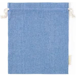 A blue fabric drawstring bag with a textured finish and two white ties at the top.