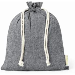 A drawstring bag in grey fabric with a natural-coloured cord closure. It has a small logo tag.