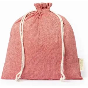 A drawstring bag in a soft, coral pink hue with natural-coloured cords and a small logo tag.