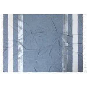 A blue and white striped blanket featuring fringed edges, displayed flat.