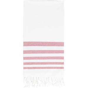A beach towel featuring a white body with pink striped patterns and fringed ends. It has a simple, elegant design.