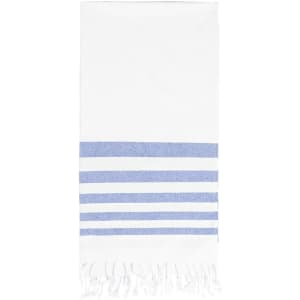 A towel in white with blue horizontal stripes and fringed edges. It features a simple, modern design.