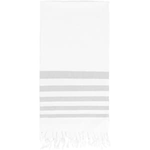 A white towel with grey stripes and fringed edges. The design features horizontal stripes at the bottom.