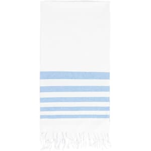 A beach towel in white with blue stripes and fringed edges, featuring a simple, elegant design.