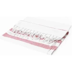 A folded towel or blanket in white with pink stripes, featuring fringe detailing along the edges.