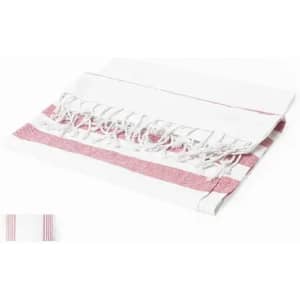 A turkish towel in white with red stripes and fringed edges, displayed folded neatly.