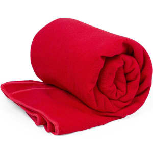 A rolled red blanket displayed on a white background, featuring a smooth texture and neat edges.