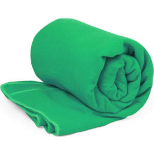 A rolled green towel made of soft fabric, featuring a neat finish and a folded edge.