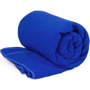 A blue rolled towel with a smooth texture, partially unfolded on one side, featuring a contrasting edge stitch.