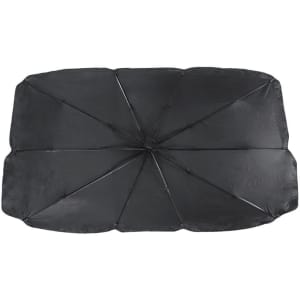 A black promotional umbrella featuring a round canopy and a central support structure. It has a logo on the surface.