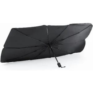 A black umbrella with a unique design, featuring a curved shape and a pull mechanism for easy opening.