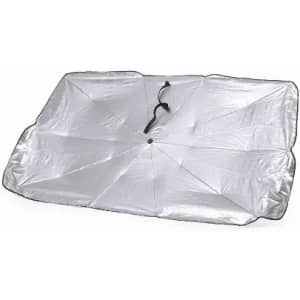 A reflective sunshade, silver in colour, featuring a central strap for easy handling and storage.