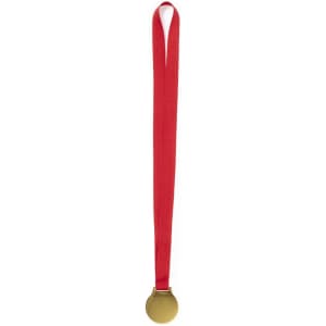 A gold medal with a red ribbon hanging from it, featuring a simple, round design.