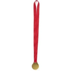 A gold medal hangs from a red ribbon, featuring a simple circular design with a smooth surface.