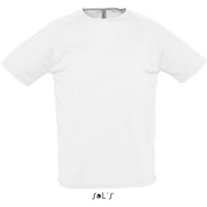 A white men's raglan sleeve T-shirt made from 100% breathable polyester, featuring a logo.