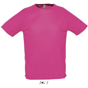 A pink men's T-shirt with raglan sleeves, made from 100% breathable polyester, featuring a logo.
