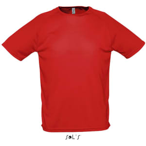 A red men's raglan sleeve T-shirt made from 100% breathable polyester, featuring a logo.
