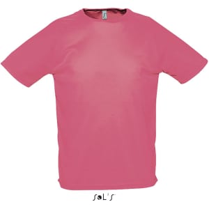 A pink men's raglan sleeve T-shirt made from 100% breathable polyester, featuring a logo.