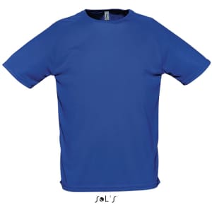 A blue men's raglan sleeve T-shirt made from 100% breathable polyester, featuring a logo.