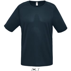 A breathable polyester men's T-shirt with raglan sleeves in dark navy blue, featuring a logo on the tag.