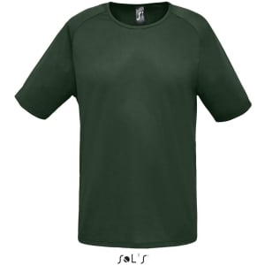 A green men's raglan sleeve t-shirt made from 100% breathable polyester, featuring a logo.