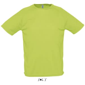 A sporty men's T-shirt in bright lime green with raglan sleeves, made from 100% breathable polyester. Features a logo.