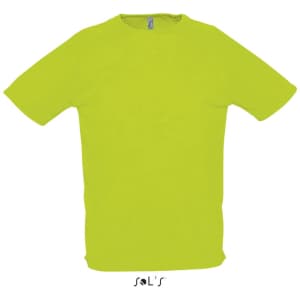 A vibrant yellow men's T-shirt with raglan sleeves made from 100% breathable polyester, featuring a logo.