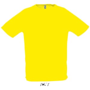 A bright yellow men's T-shirt with raglan sleeves made from 100% breathable polyester. It features a logo.