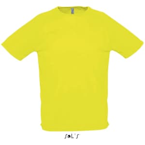 A bright yellow men's raglan sleeve T-shirt made from 100% breathable polyester, featuring a logo.