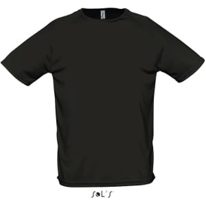 A black men's raglan sleeve T-shirt made from 100% breathable polyester, featuring a brand logo.