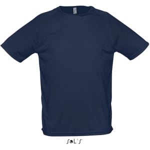 A navy blue men's T-shirt with raglan sleeves, made from 100% breathable polyester, featuring a logo.