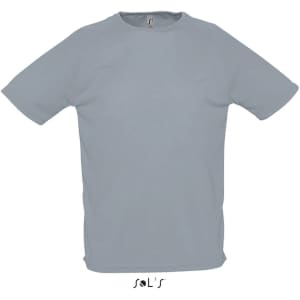 A grey men's raglan sleeve T-shirt made from 100% breathable polyester, featuring a logo.
