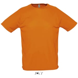 An orange men's t-shirt with raglan sleeves made from 100% breathable polyester, featuring a logo.