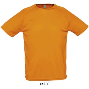 An orange men's raglan sleeve T-shirt made of 100% breathable polyester, featuring a logo.