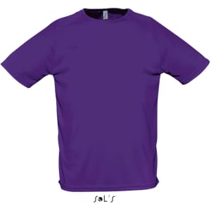 A purple men's T-shirt with raglan sleeves made from 100% breathable polyester, featuring a logo.