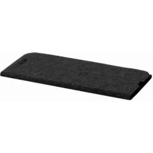 A sleek black phone case with a fabric texture and rounded edges, featuring a logo on one side.