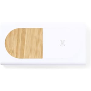 A wireless charging pad with a wood and white design. It features a logo on the surface.