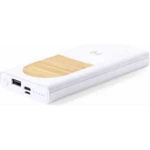 A power bank featuring a white body and a wooden panel, with multiple charging ports and a logo.