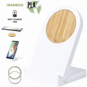 A charging stand featuring a white base and a bamboo charging pad, designed for fast smartphone charging.