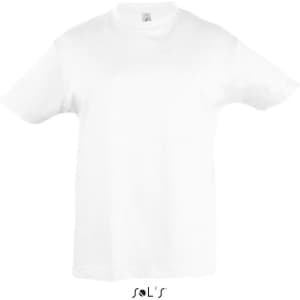 A plain white T-shirt made from 100% semi-combed ring-spun cotton, featuring a logo. Ideal for kids.