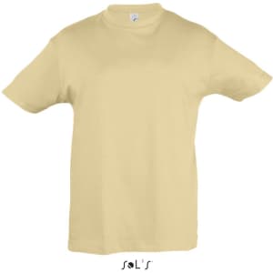 A pale yellow T-shirt made from 100% semi-combed ring-spun cotton, featuring a small logo.