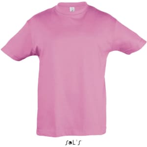 A pink children's T-shirt made from 100% semi-combed ring spun cotton, featuring a logo on the label.